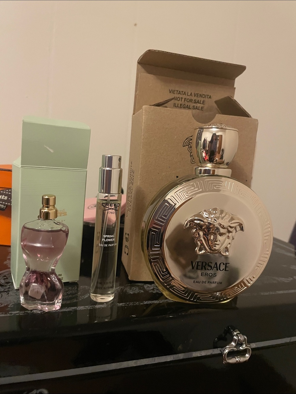 Versace Eros Pour Femme Gold and Clear Decorative Fragrance Bottle plus two more